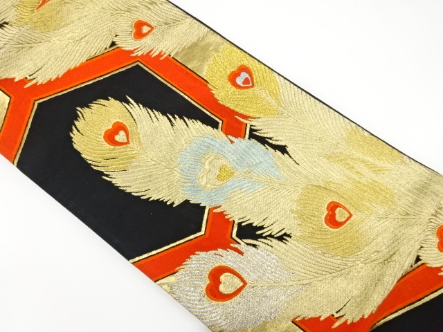 アンティーク　孔雀羽根に亀甲繋ぎ模様織り出し袋帯（材料）